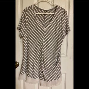 Cato Gray White Striped V-neck Short Sleeve Versatile Top Rayon-blend Large